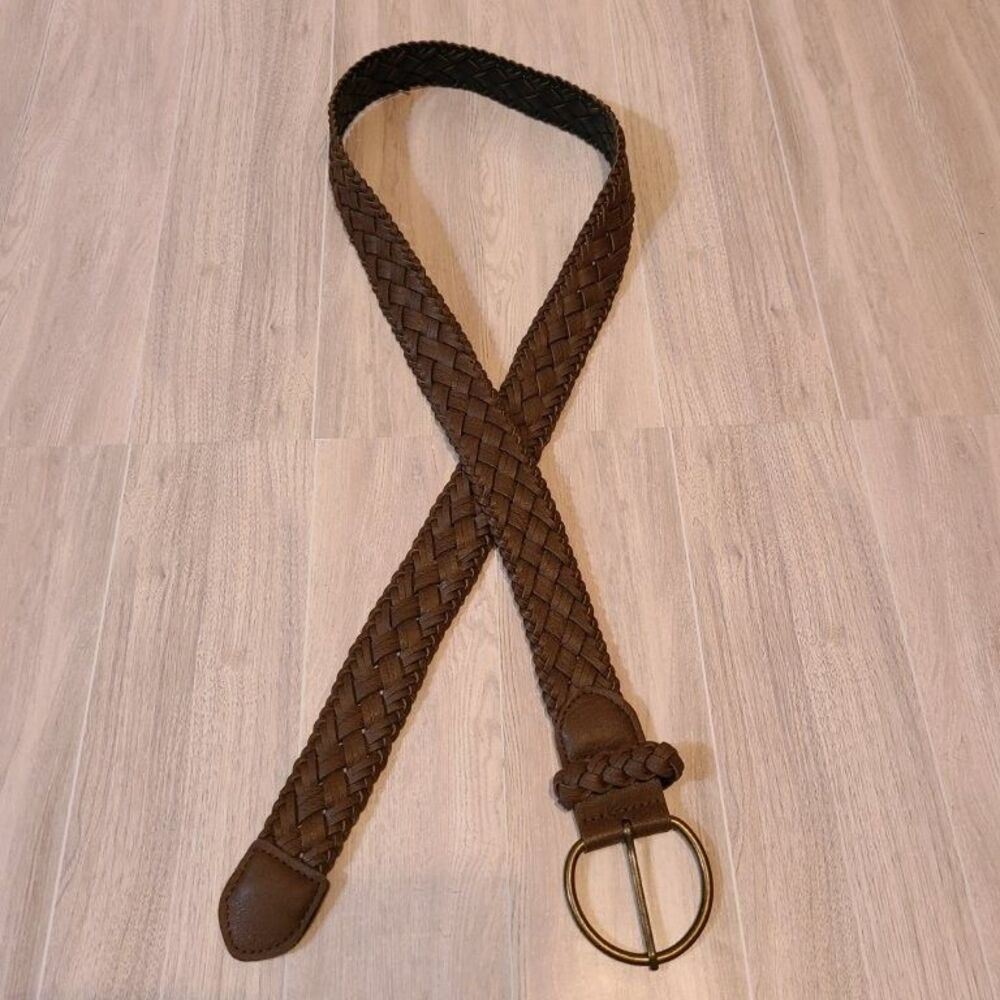 Women Brown Braided Woven Faux Leather Belt Gold Buckle Adjustable Fit Large 44